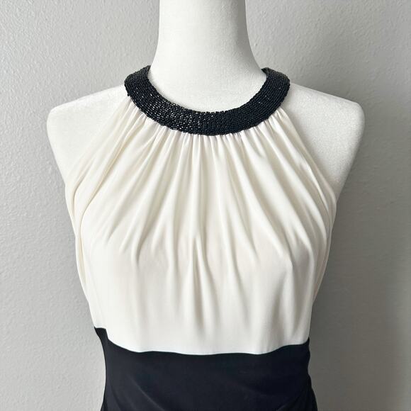 LRL Black & Cream Jersey Knit Draped Halter Formal Midi Dress Women’s Size‎ 14 - Picture 2 of 14